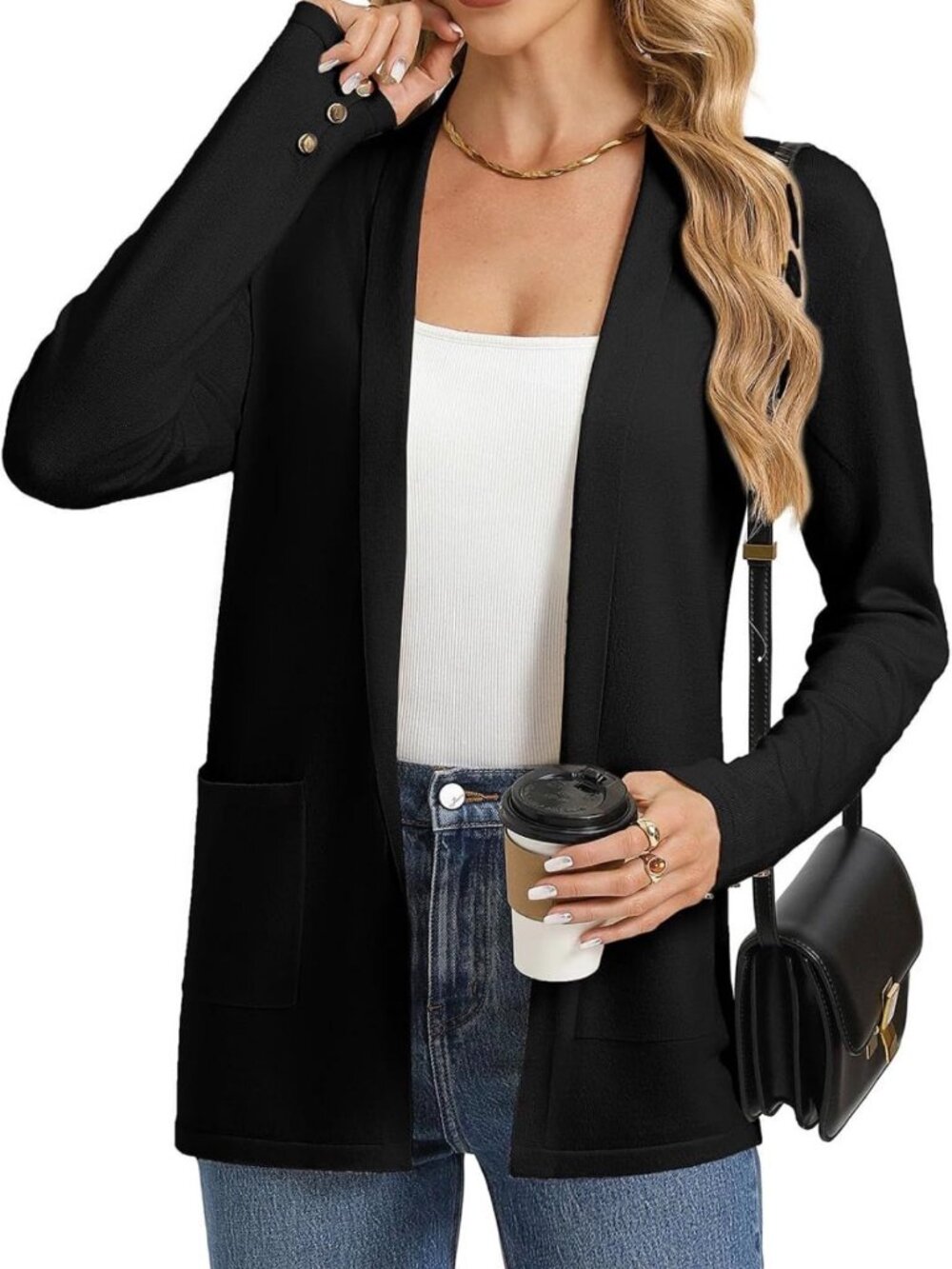 New GRACE KARIN Women's Large Casual Open Front Cardigan Black Pockets/Buttons